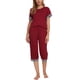 thumbnail image 2 of Conjunto de pijama para mujer INSPIRE CHIC, con cuello redondo, camiseta de manga corta y pantalones capri, ropa de descanso casual para dormir, talla XL, rojo, 2 of 5
