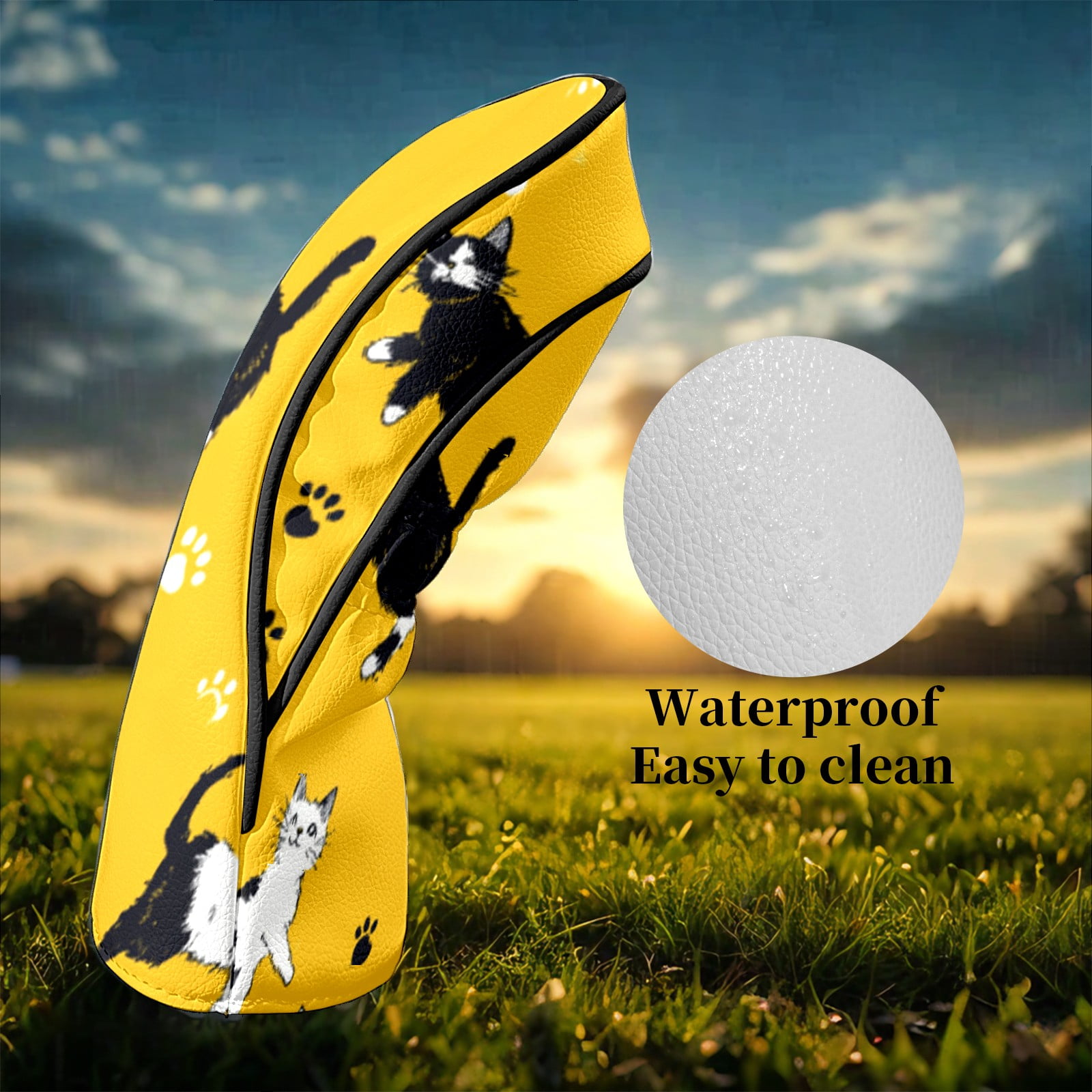Golf Head Covers for Woods and Driver Waterproof Leather Golf Club Head Covers for Women Men Golf Driver Fairway Wood Headcover Yellow Background Cat Mural