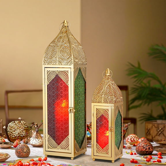 Set of 2 Moroccan Candle Lanterns 22.5''&15'' H Decorative Candle Holder Hanging Lanterns with Embossed Colored Tempered Glass