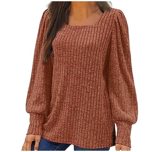 Penkiiy Hauts à Manches Longues pour Femmes Col Carré Tunique d'Automne Chandails TG Café