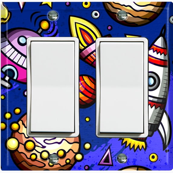 Metal Light Switch Wall Plate Outlet Cover (Spaceship UFO Astronaut Rocket Outerspace Star Dark Purple- Double Rocker)