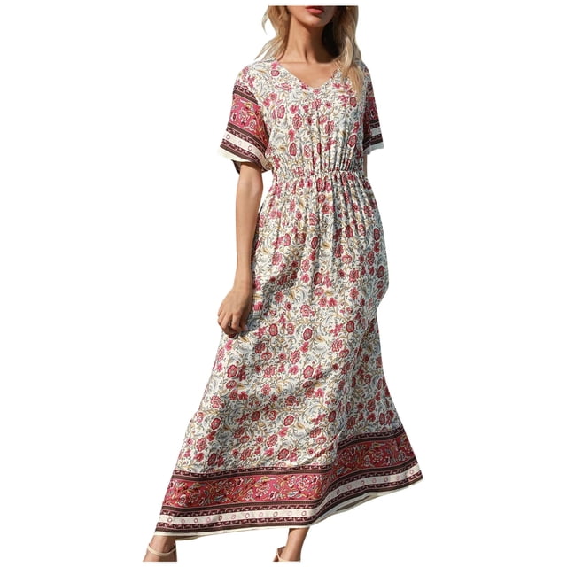 Pompotops Robe d'Été à Manches Courtes et Col en V Imprimée pour Femmes, Robe Longue Taille Haute