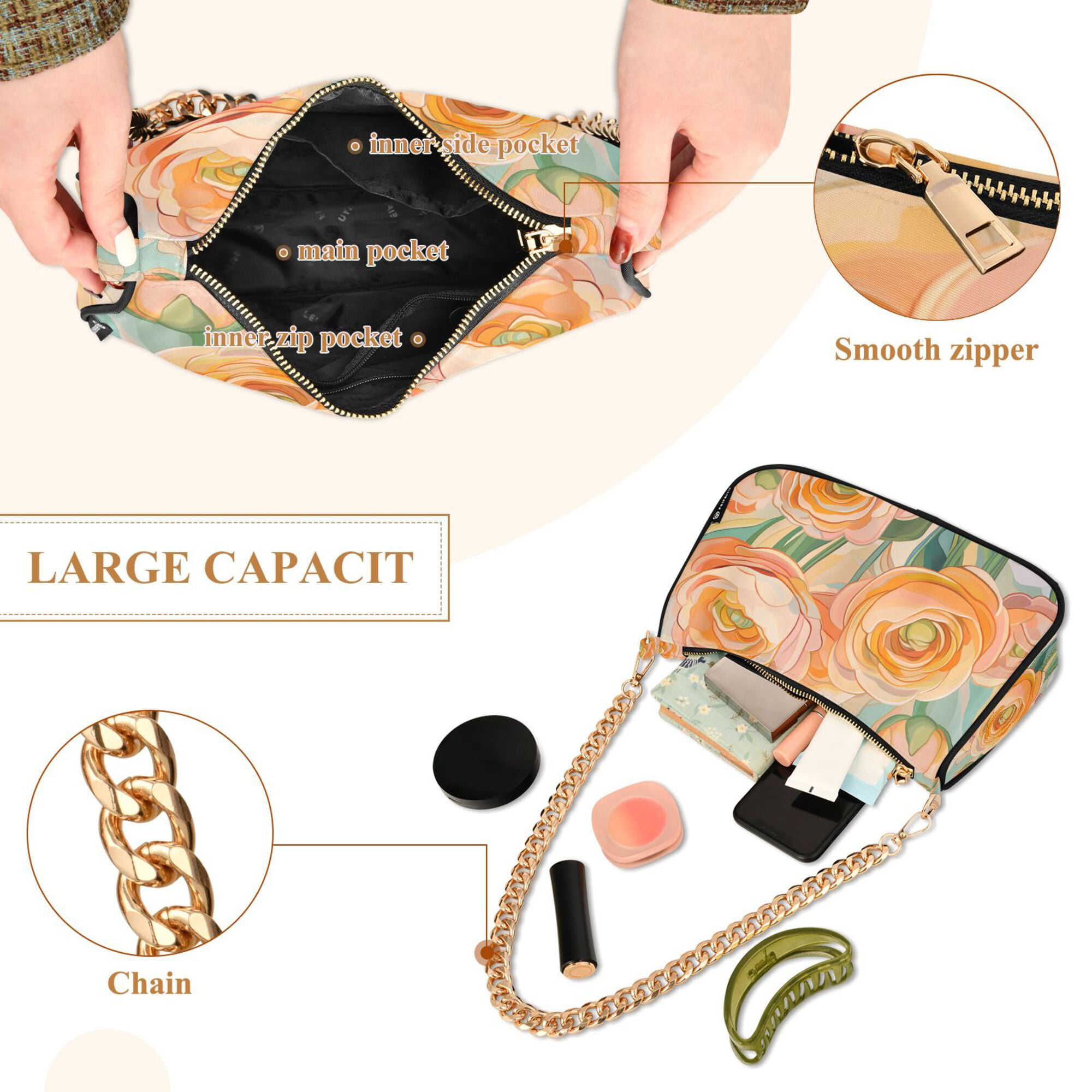 FORMRS Womens Shoulder Bag with Chain Strap Clutch Purse Cute Tote Handbag, Abstract Floral Art