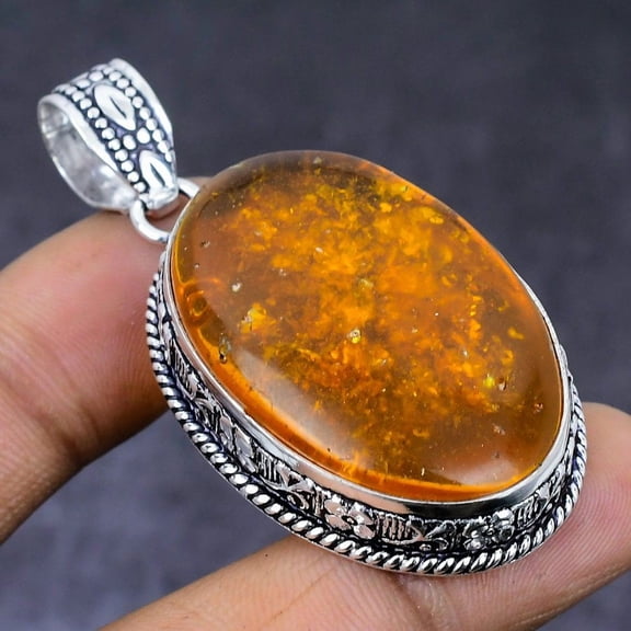 Natural Baltic Amber Gemstone 925 Steling Silver Jewelry Pendant 2.17"