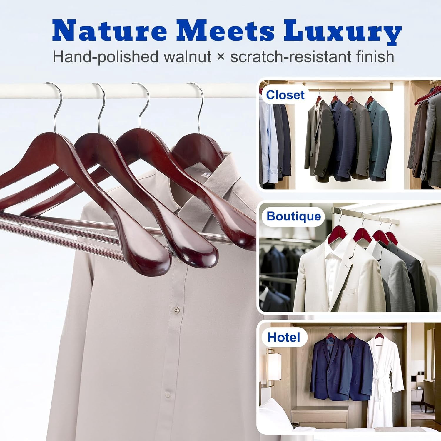 Solid Wood Wide Shoulder Hangers with Non-Slip Pants Bar, 360 °   Swivel Hook for Suits, Dresses, Jackets, and Heavy Clothes - 6 Pack (Walnut Finish)