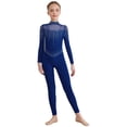 thumbnail image 2 of Hansber Kids Girls Figure Skating Jumpsuit Long Sleeve Mesh Rhinestone Gymnastics Leotard Full Bodysuit Catsuit Navy Blue 8, 2 of 6