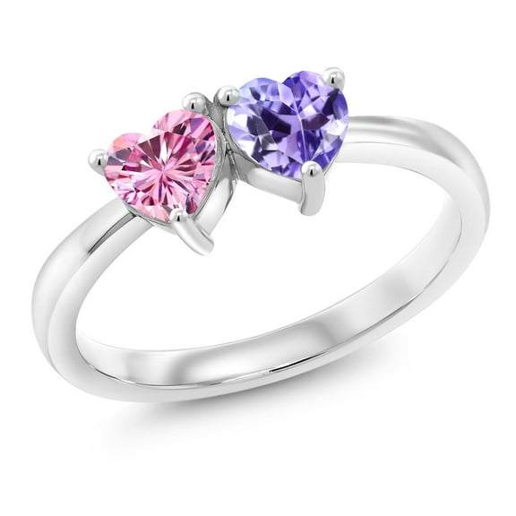 Gem Stone King 925 Sterling Silver Fashion Right-Hand Ring Heart Shape Pink Moissanite and Tanzanite Blue (1.00 Cttw, Size 6)