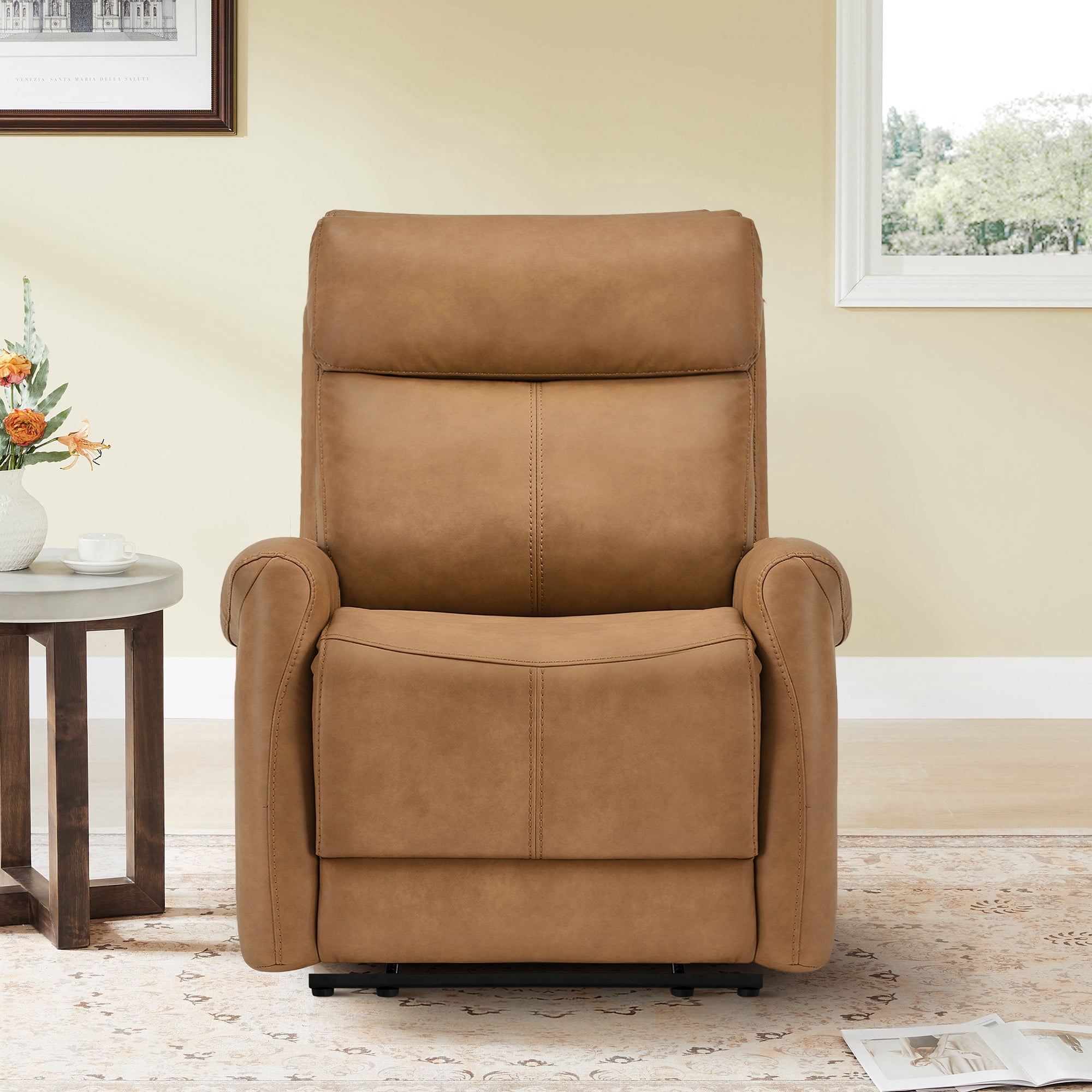 Spruce & Spring Power Recliner Chair, Wall Hugger Reclining Chair for Living Room, Bedroom, Faux Leather, Saddle Brown