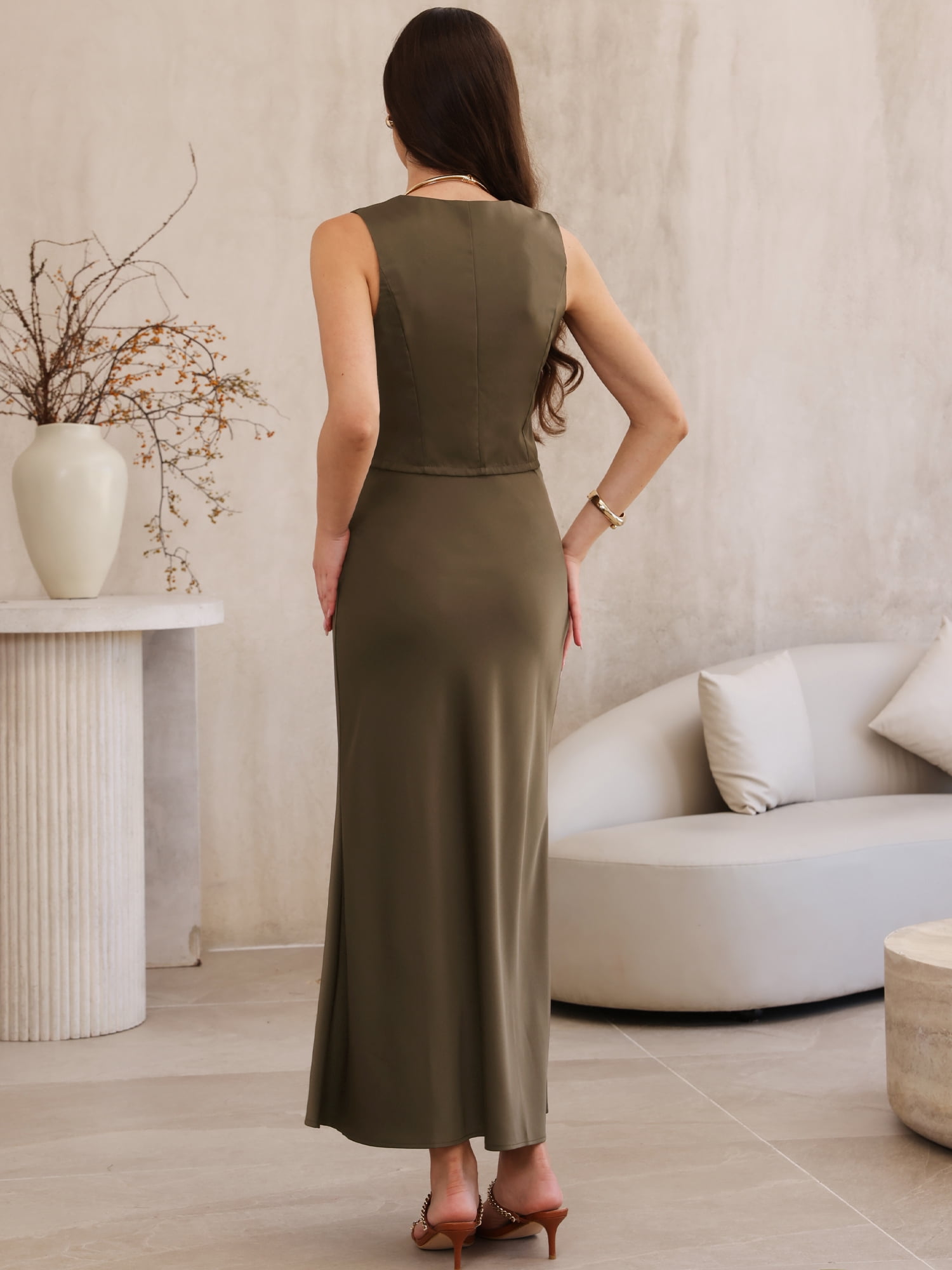 DARING DIVA Women's Satin 2 Piece Maxi Skirt Set Button V Neck Vest Tops Long L Brown