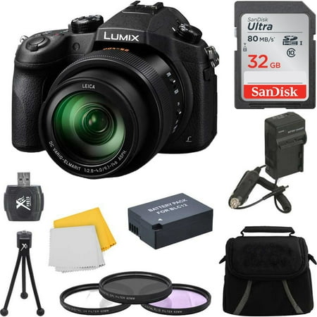 panasonic lumix dmc-fz1000 digital camera 32gb accessory bundle includes: lumix dmc-fz1000 4k qfhd/hd 16x long zoom digital camera (black), carry case, 32gb high speed memory card,  spare blc12