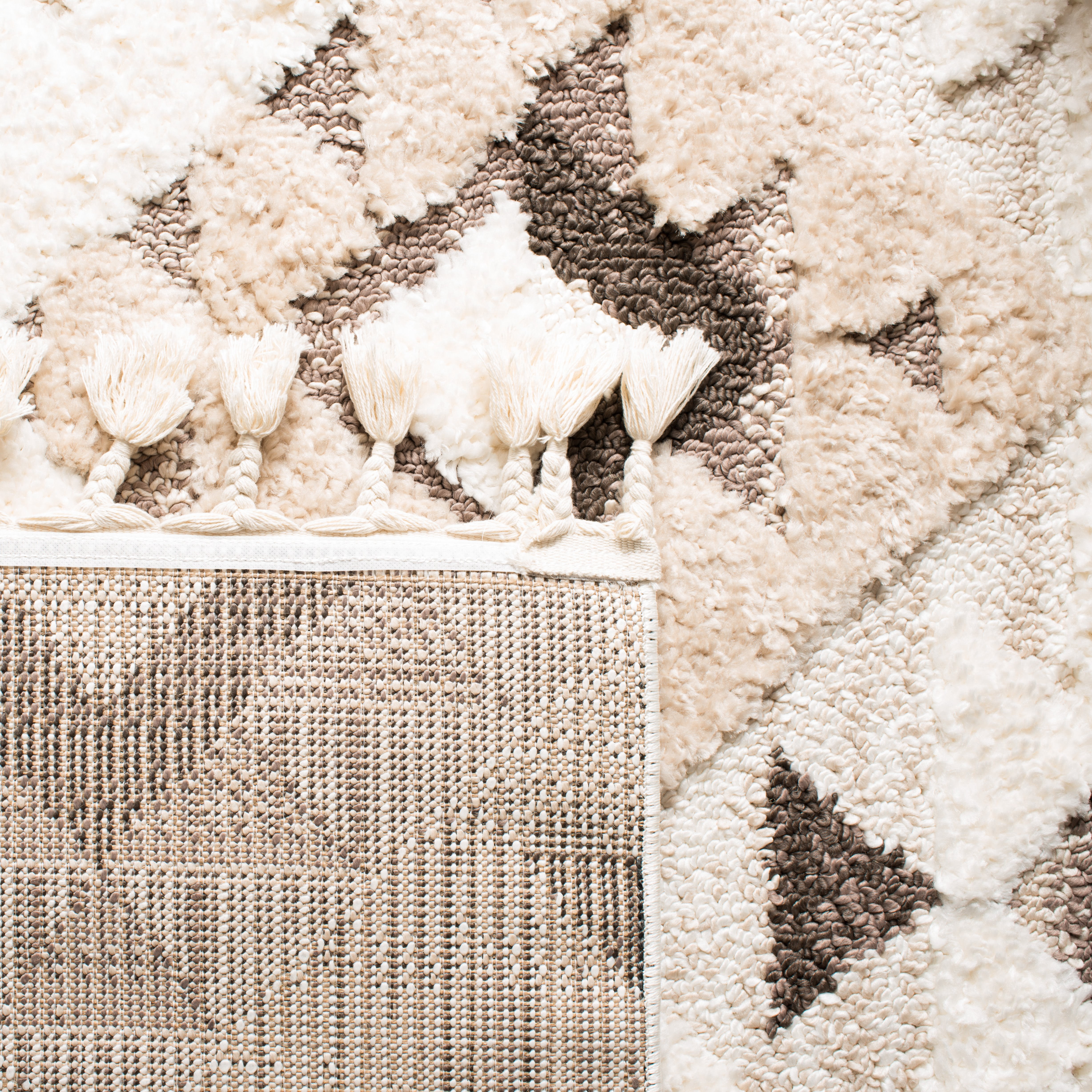 SAFAVIEH Moroccan Tassel Larry Geometric Shag Area Rug, Ivory/Brown, 11' x 15'
