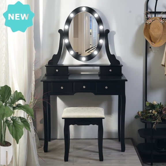 Girls & Women LED Vanity Table with Stool – 5 Drawers, 360° Rotating Mirror, Wood Makeup Desk