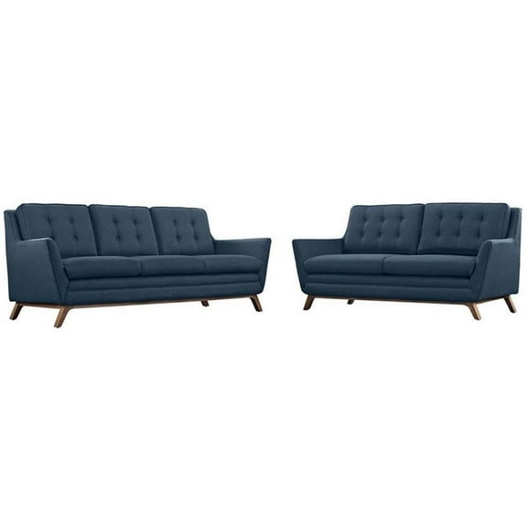 Maklaine Upholstered Fabric and Wood Living Room Set in Azure (Set of 2)