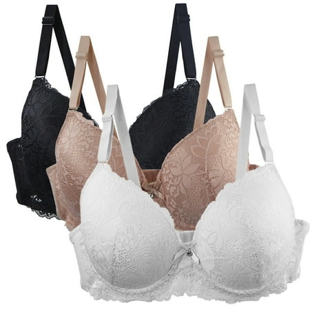 Tao Tao Womens Lace Push Up Bra Comfort Underwire Support Plunge Bra Seamless Sports Bra Comfortable Breathable Base Tops Underwear 3PCS Multicolor L