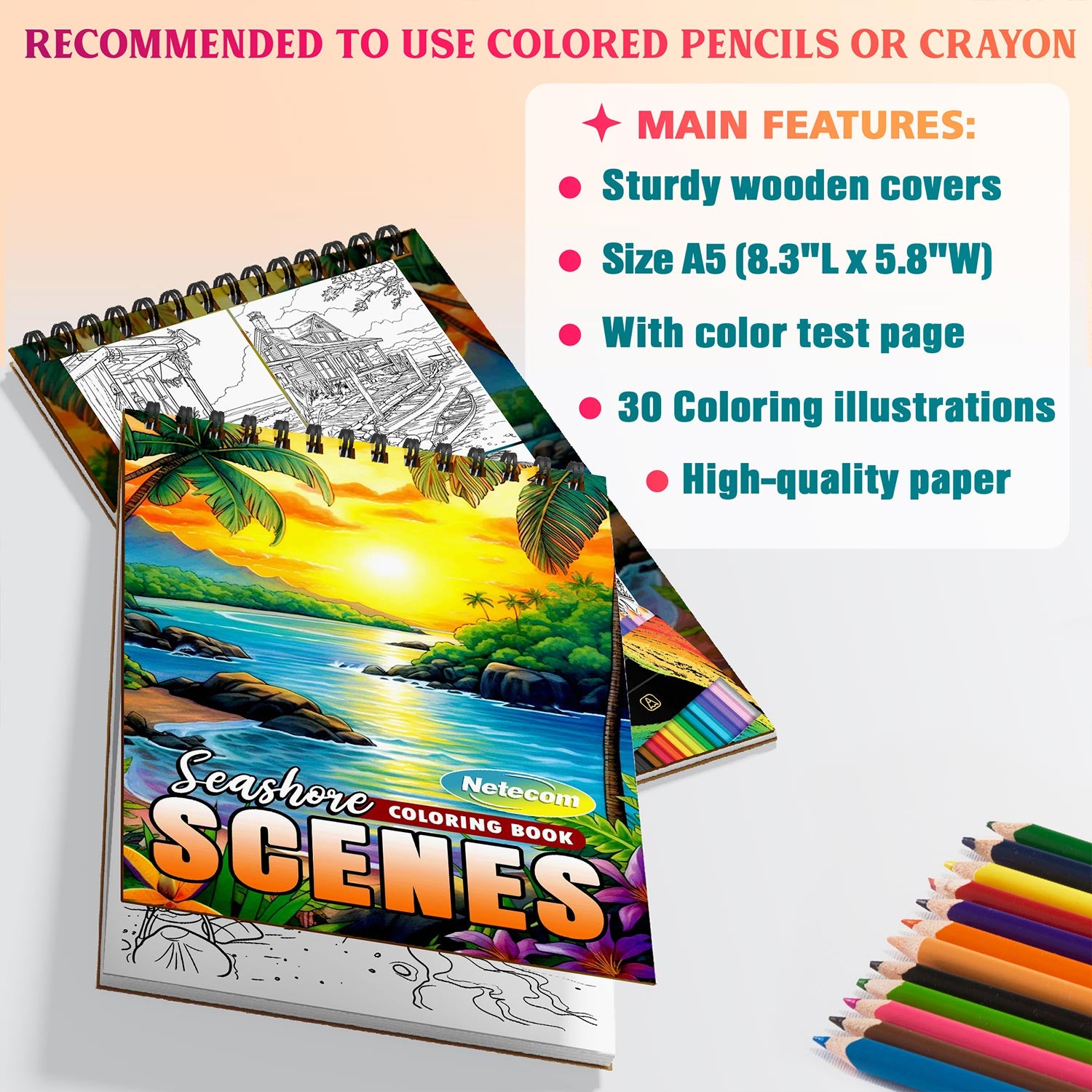 Netecom Seashore Scenes Coloring Book Spiral Bound for Adults, A5 Wooden Cover, 30 Charming Coloring Pages of Sea Landscapes for Stress Relief and Relaxation