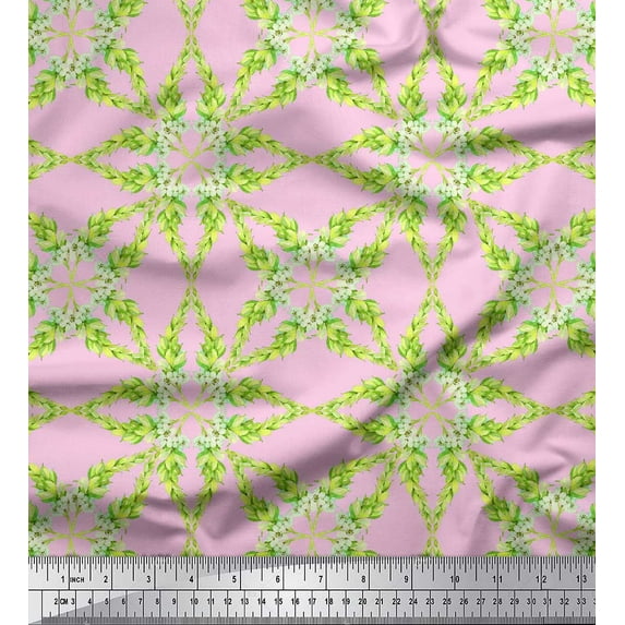 Soimoi Pink Heavy Satin Fabric Leaves & Floral Geometric Fabric Prints By Yard 54 Inch Wide