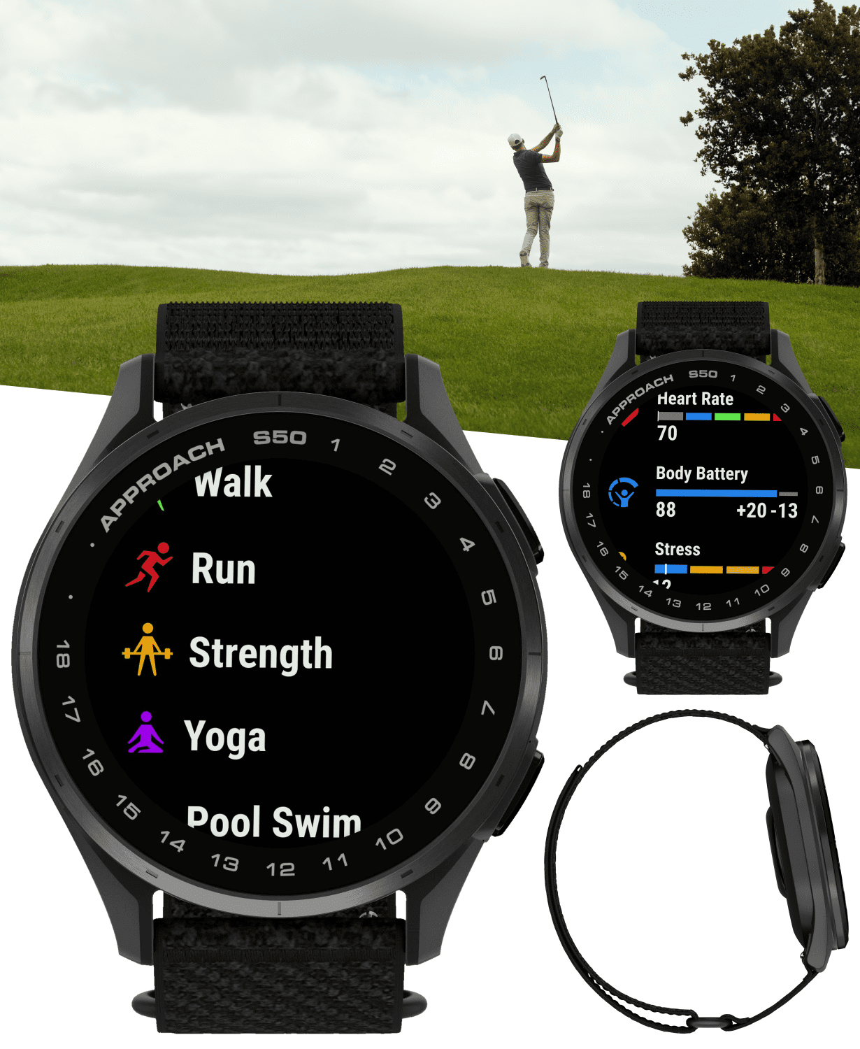 Garmin Approach S50 Golf GPS Smartwatch Slate Aluminum Bezel with Black ComfortFit Nylon Band with Wearable4U Power Bank Bundle