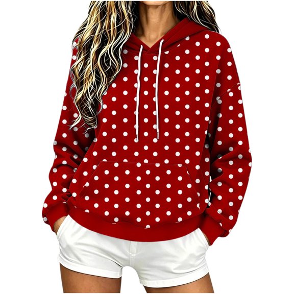 Womens Graphic Hoodies Drawstring Loose Pullover Hooded Sweatshirts with Pocket Drop Shoulder Long Sleeve Tops (XL, Red|Polka Dot)