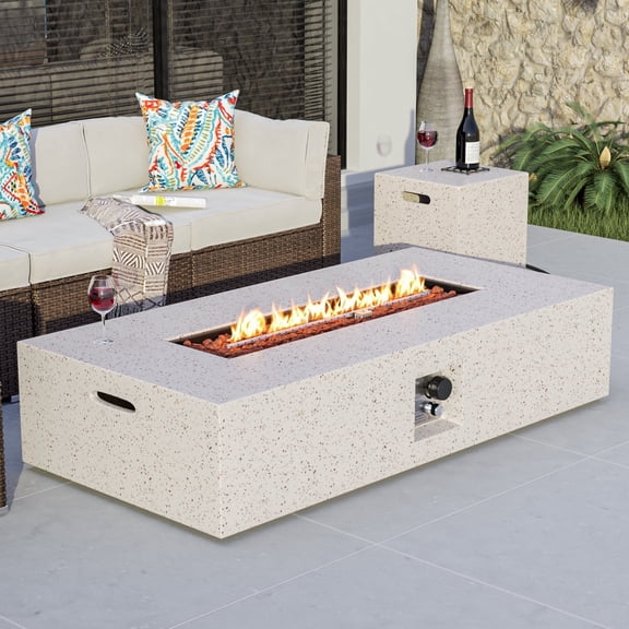 VENTOPYR 2-Piece Outdoor Rectangle Terrazzo White Propane Fire Table Set with Tank Cover Table