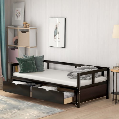 Extendable Bed Daybed Wooden With Trundle And Two Storage Drawers Sofa For Bedroom Living Room Com Extendable Bed Daybed Wooden, Sofa Bed With Trundle And Storage
