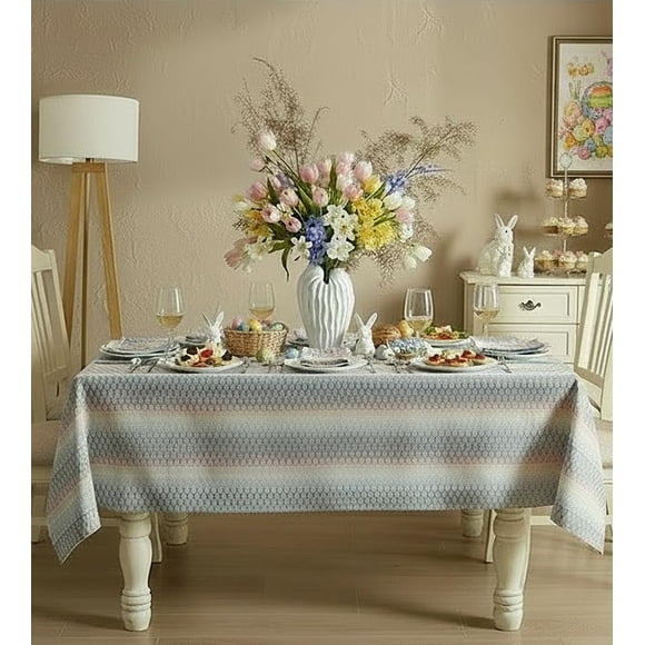 Home Bargains Plus Chester Blue and Terracotta Woven Spring and Easter Fabric Tablecloth, 52 x 70 Inch Rectangle, Geometric Striped Taupe and Ivory Cotton-Blend Easy Care Dining Table Cover