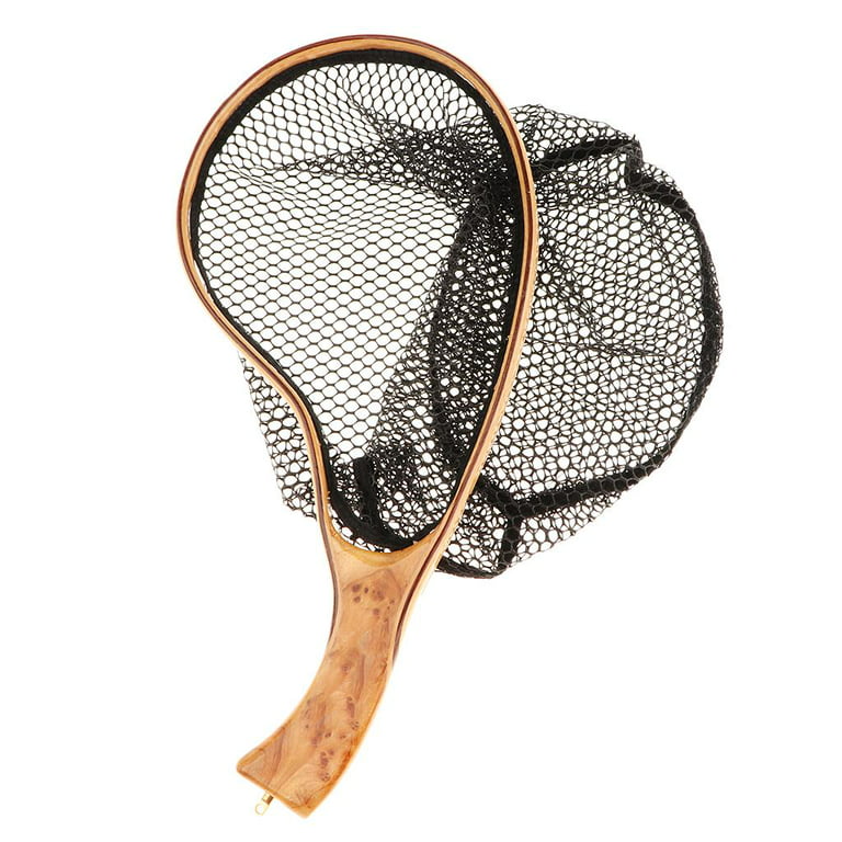 Fishing Landing Net with Wooden Frame and Soft Rubber Mesh for