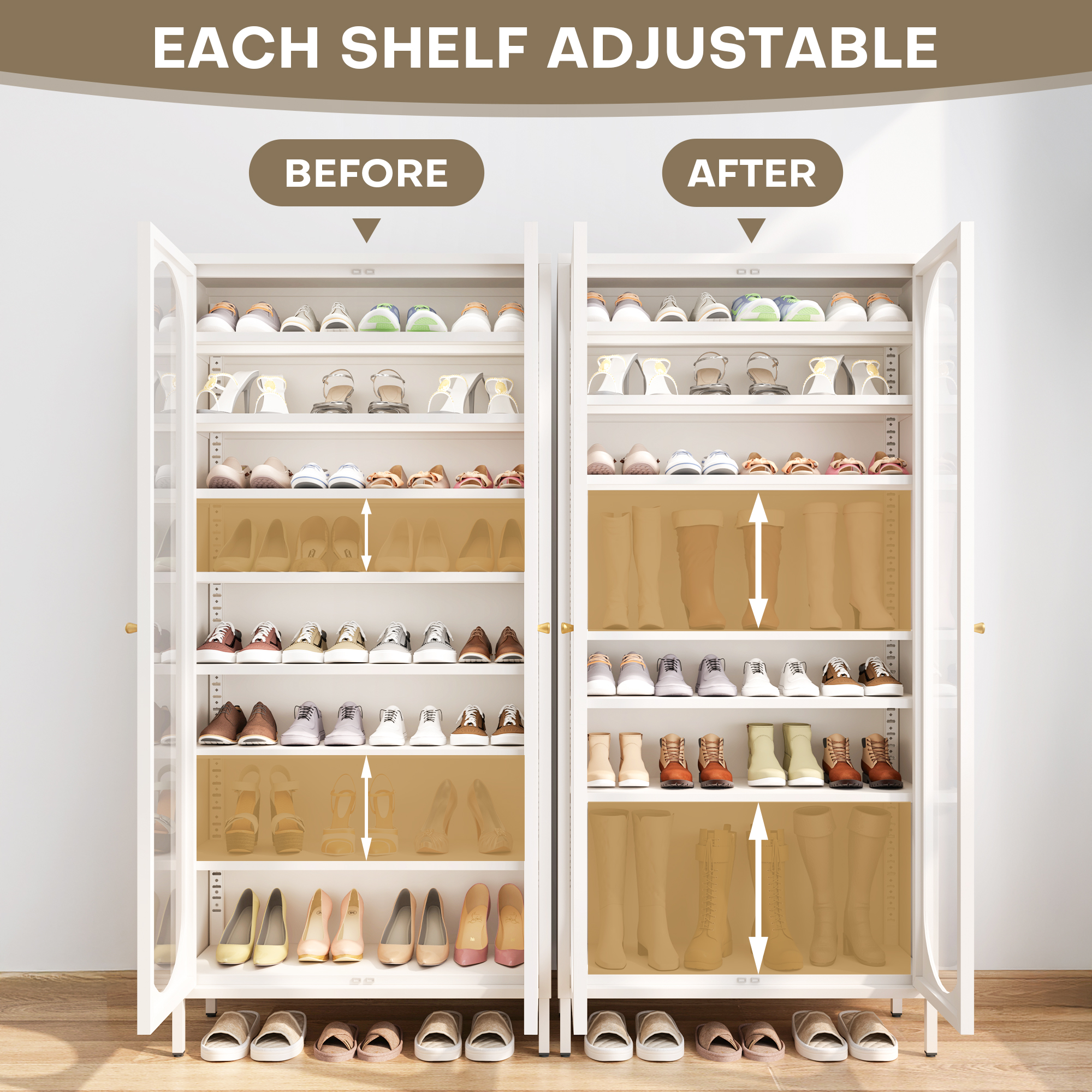 ANMINY 9-Tier Tall Shoe Storage Cabinet 67"H Shoe Cabinet with Glass Doors 9-Tier Shoe Organizer Rack with 8 Adjustable Shelves Max. Store 27-36 Pairs for Entryway Hallway Cloakroom Living Room, White