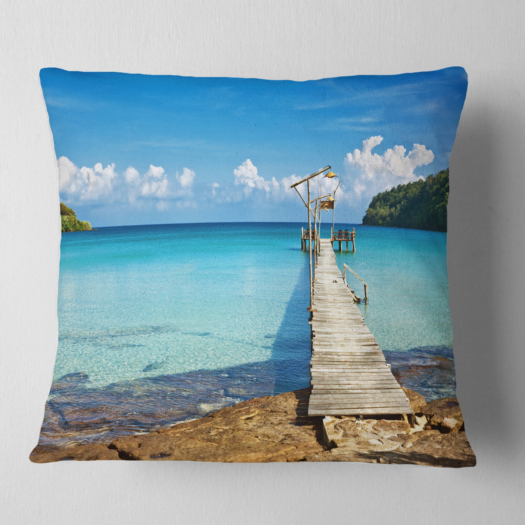 Designart Old Wooden Pier in Sea - Seascape Throw Pillow - 18x18