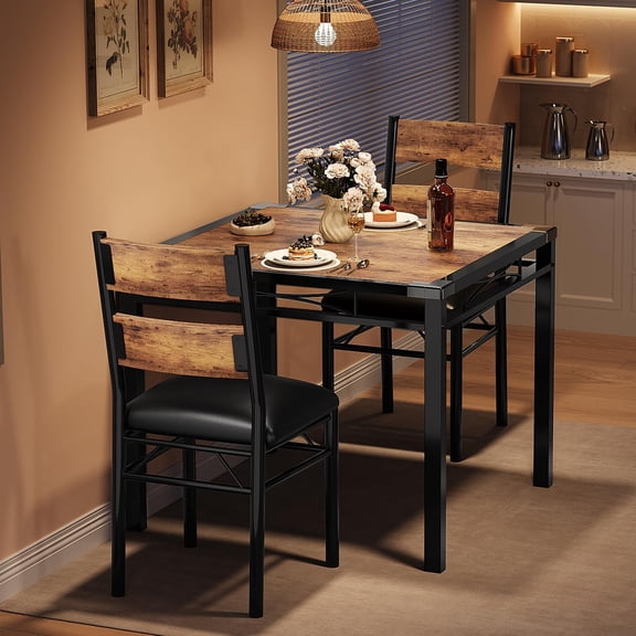 Dining Table Set for 2 with Corner Protector, Kitchen Table Chairs Set of 2 w/Upholstered Chairs, Wood Dining Room Table Set for 2, for Dining Room, Apartment