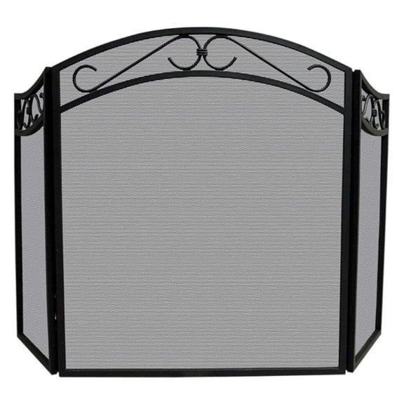 3-Fold Black Wrought Iron Arch Top Fireplace Screen with Scrolls (S-1088)
