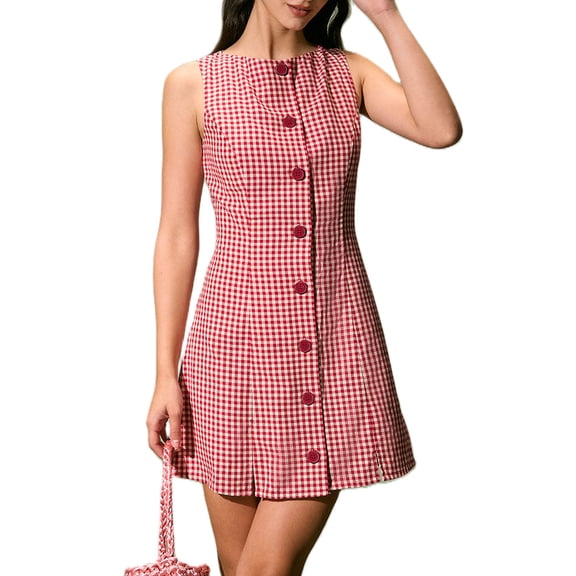 Women's Button-Front Mini Dress, Sleeveless Round-Neck Tailored Style for Work and Casual Wear