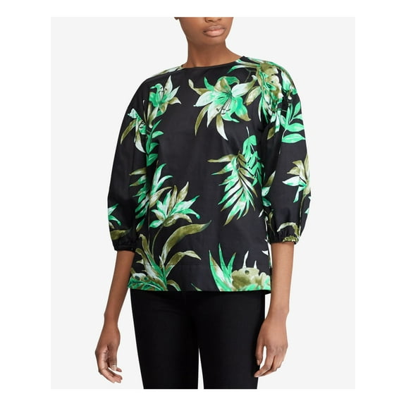 RALPH LAUREN $90 Womens New 1431 Black Tropical Print Puff Sleeve Top M B B