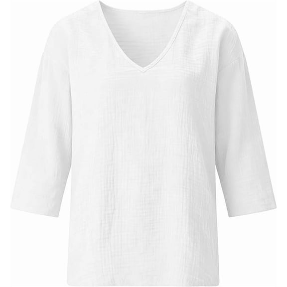 Women’s V-Neck Tee Soft Breathable Everyday Top for Casual Spring Summer Autumn Relaxed Fit Easy Care Solid Long Sleeve Leisure Pants PairingWhiteS