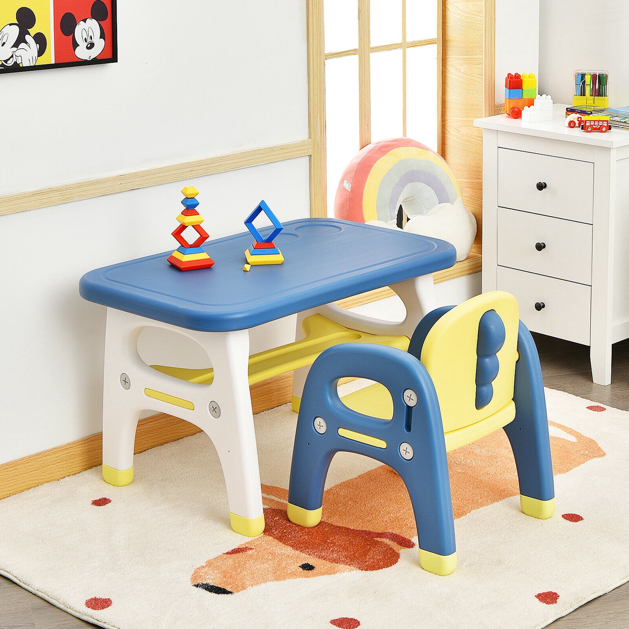 Gymax Kids Dinosaur Table and Chair Set Activity Study Desk w/ Building Blocks