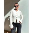 thumbnail image 6 of Women Trendy Crew Neck Ribbed Knit Crop Bell Long Sleeve Open Front Button Down Sweater Shirt Fall Outfit White S, 6 of 7