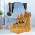 thumbnail image 4 of Egyptian Print Soft Flannel Fleece Throw Blanket, Cartoon Illustration of Camel Riders in Desert with Pyramids, Cozy Plush for Indoor and Outdoor Use, 70" x 90", Pale Sky Blue Brown, by Ambesonne, 4 of 5