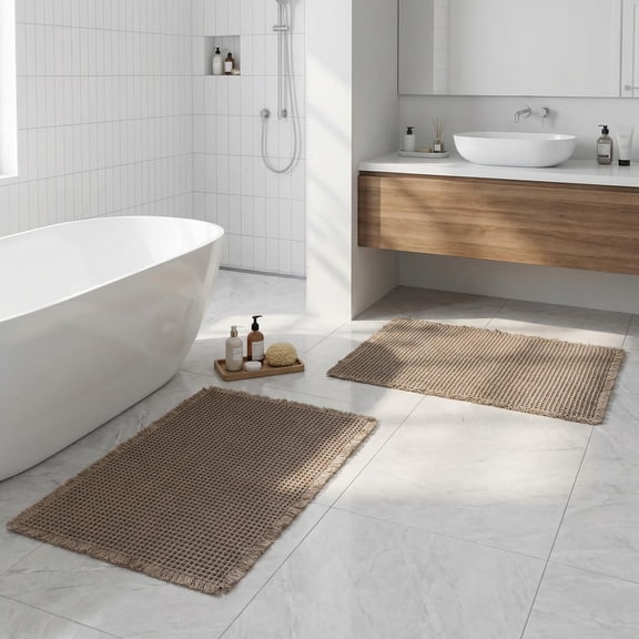 MudFree Waffle Bathroom Rugs Sets 2 Piece, Modern Woven Boho Bath Mat for Tub Non Slip, Super Absorbent Washable Floor Mat with Tassels for Bedroom Kitchen, Brown