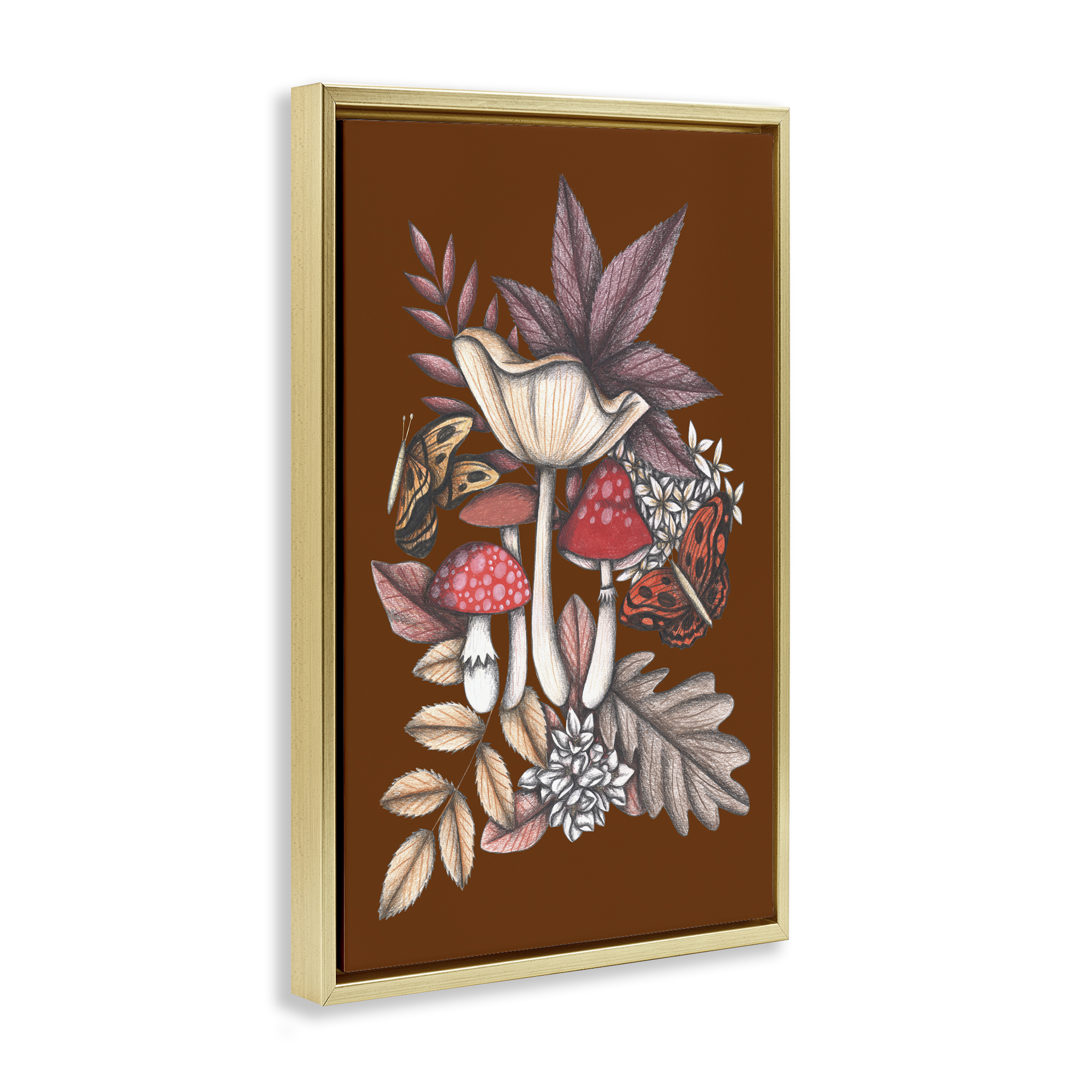 Autumn Mushrooms Magic Gold Framed Floater Canvas Wall Art, design by Cecilia Battaini