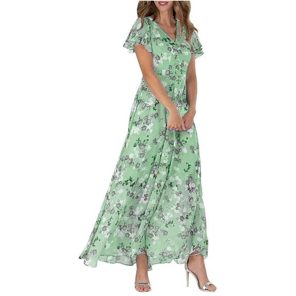 ZZwxWA Formal Dresses for Women Short Sleeve Plus Size Ruffle Chiffon High Waist Summer Elegant Evening Cocktail Party Dance Club Floral Print Long Dress V-Neck Wedding Dresses Green XXXL