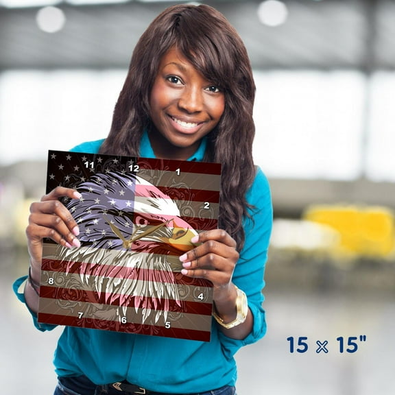 3dRose, Ornate Patriotic Bald Eagle and USA American Flag Pride Great for Fourth Of July Independence Day, 15x15 Wall Clock