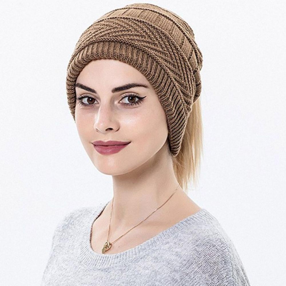 Women Winter Stretchy Soft Knitted Beanie Hat with Ponytail Hole,2in 1