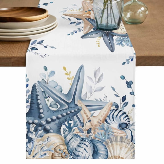 Blue Eucalyptus Coastal Cotton Linen Table Runner for Dining Kitchen, Beach Starfish Shell Nautical Wedding Outdoor Party Tablerunners Decoration, Dresser Scarf Coffee Tablecloth Runners 13x70 Inches