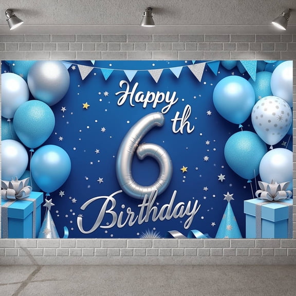 Glittery Gold Happy 6th Birthday Banner Navy Blue 6th Birthday Backdrop Sparkling Stars Colorful Balloons Birthday Celebration Background for Kids Birthday Party Home Celebration Birthday Photo Shoot