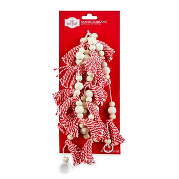 Holiday Time Wood Bead Garland with Red and White Tassels, 48"