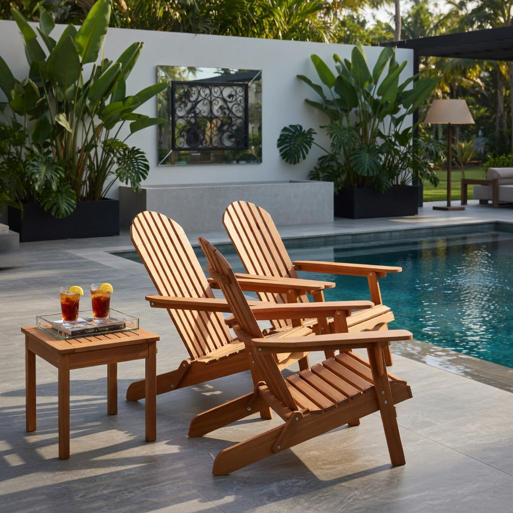 Hommoo 3-Piece Eucalyptus Adirondack Chair Set with Wide Armrests, Foldable Outdoor Patio Chairs & Side Table, Natural