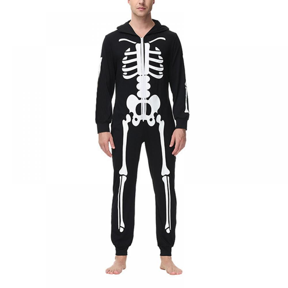 Unisex Skeleton Printed Onesie Pajama Zippered Jumpsuit Halloween Hoody ...