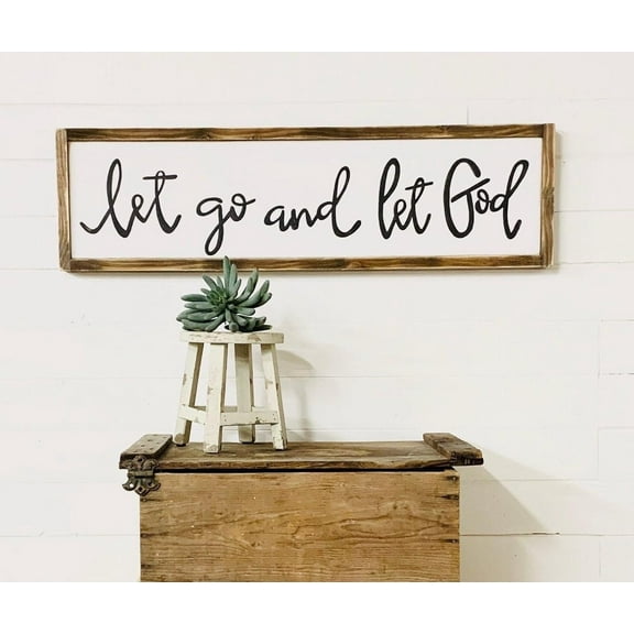 Cskhip Let Go And Let God Wooden Sign Art For Modern Bible Decor, Housewarming Gift, Christian Baptism Gift Wood Signs For Home Decor 4x16 Inch