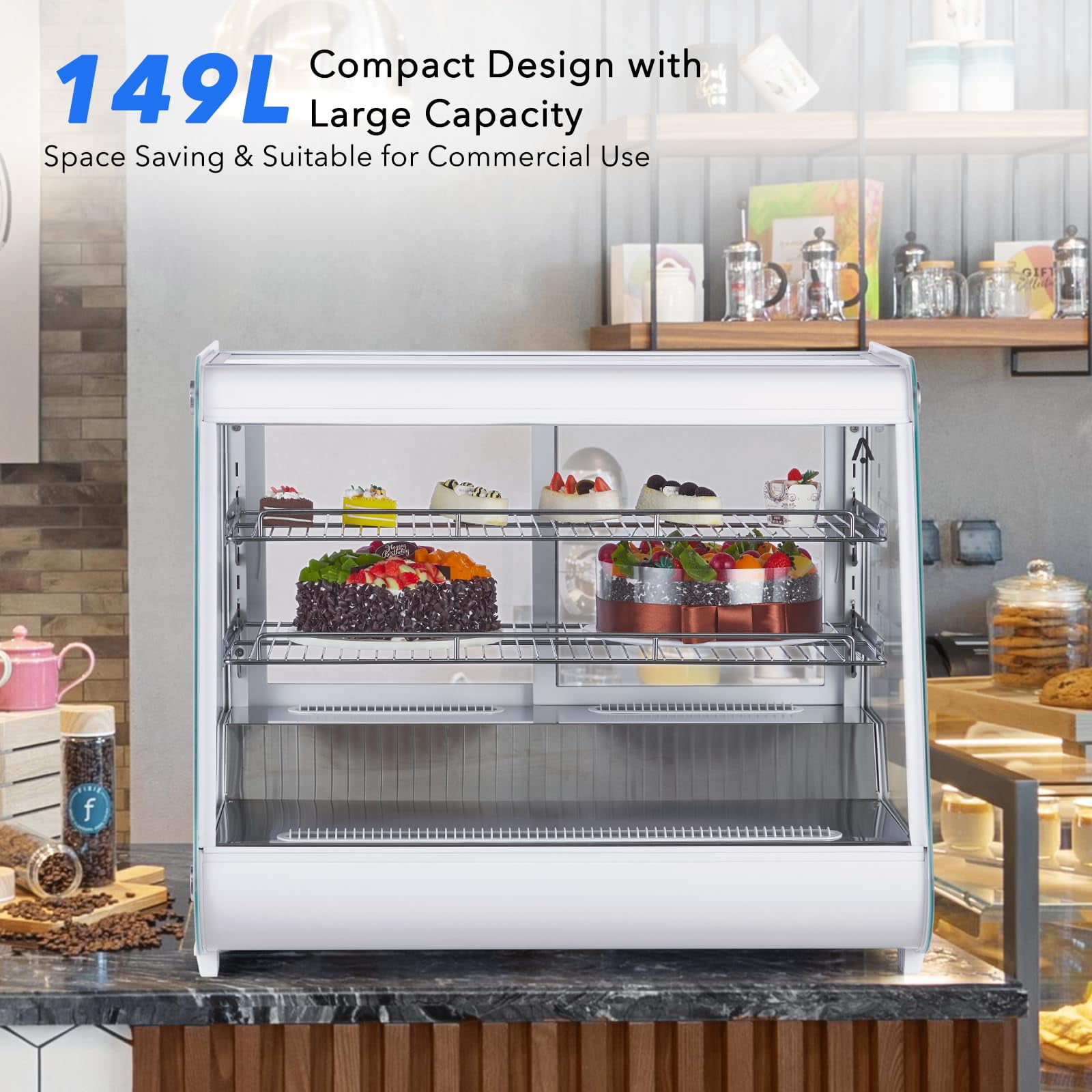 Commercial Cake Display Refrigerator, 5.3 Cu.Ft./149L Single-Door Merchandiser with Interior LED Lighting, Double-Layered Glass, Countertop/Floor Refrigerator, 110v