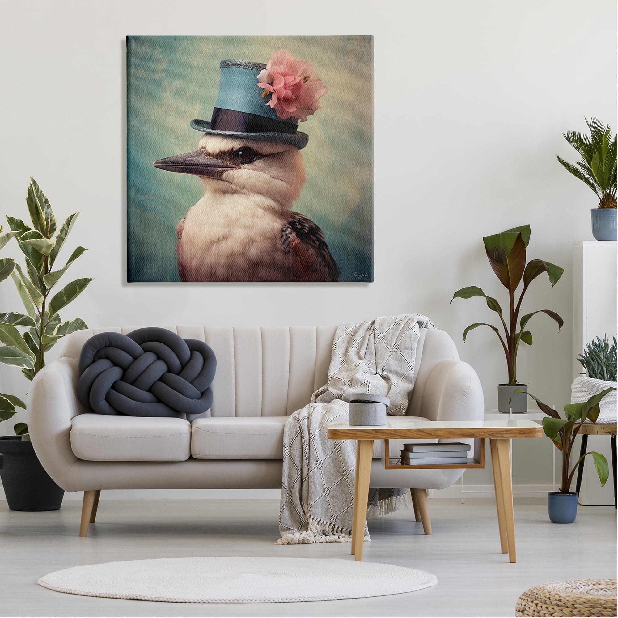 Stupell Industries Bird with Peony Hat Animals & Insects Painting Gallery Wrapped Canvas Art Print Wall Art, 36 x 36
