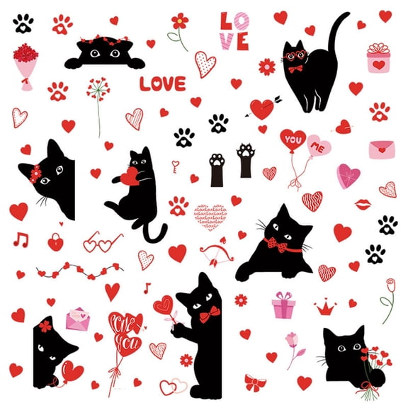 Black Cat & Red Heart Window Decal Set – Valentine’s Day Wall & Glass Clings for Party, Wedding & Anniversary Decor, Fun & Removable Holiday Stickers,Pink